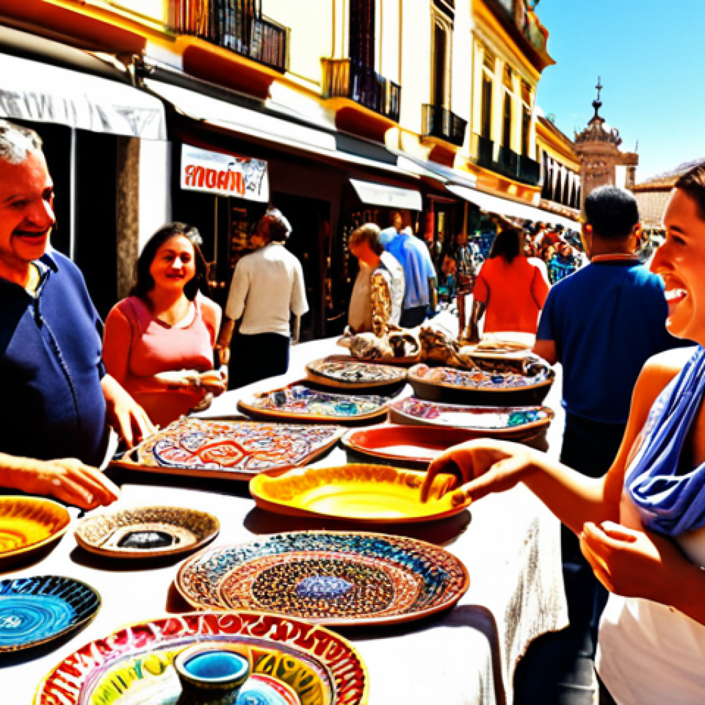 **Image Prompt:** A vibrant, sun-drenched outdoor market scene in Spain, overflowing with colorful artisanal crafts – jewelry, pottery, hand-painted scarves – with happy vendors chatting with customers. Focus on the energy and the tangible connection between creator and buyer. Think *mercadillo* in Seville or Granada.