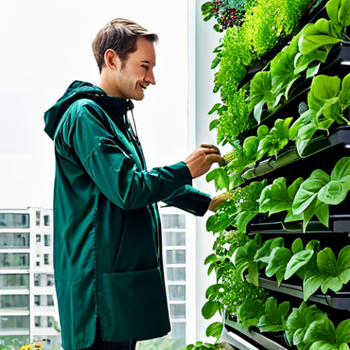 Home 8 A professional urban gardener, fully clothed in modest, practical attire, tending to thriving plants in a modern vertical hydroponic garden on an urban balcony. The scene showcases smart gardening technology like soil moisture sensors and efficient LED grow lights seamlessly integrated with the lush greenery. Abundant healthy green leafy greens, herbs, and small vegetables are visible. Natural daylight illuminates the productive space, emphasizing innovation, sustainability, and efficiency. Safe for work, appropriate content, fully clothed, perfect anatomy, correct proportions, natural pose, well-formed hands, proper finger count, natural body proportions, professional photography, high quality, family-friendly.
