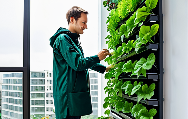 A professional urban gardener, fully clothed in modest, practical attire, tending to thriving plants in a modern vertical hydroponic garden on an urban balcony. The scene showcases smart gardening technology like soil moisture sensors and efficient LED grow lights seamlessly integrated with the lush greenery. Abundant healthy green leafy greens, herbs, and small vegetables are visible. Natural daylight illuminates the productive space, emphasizing innovation, sustainability, and efficiency. Safe for work, appropriate content, fully clothed, perfect anatomy, correct proportions, natural pose, well-formed hands, proper finger count, natural body proportions, professional photography, high quality, family-friendly.