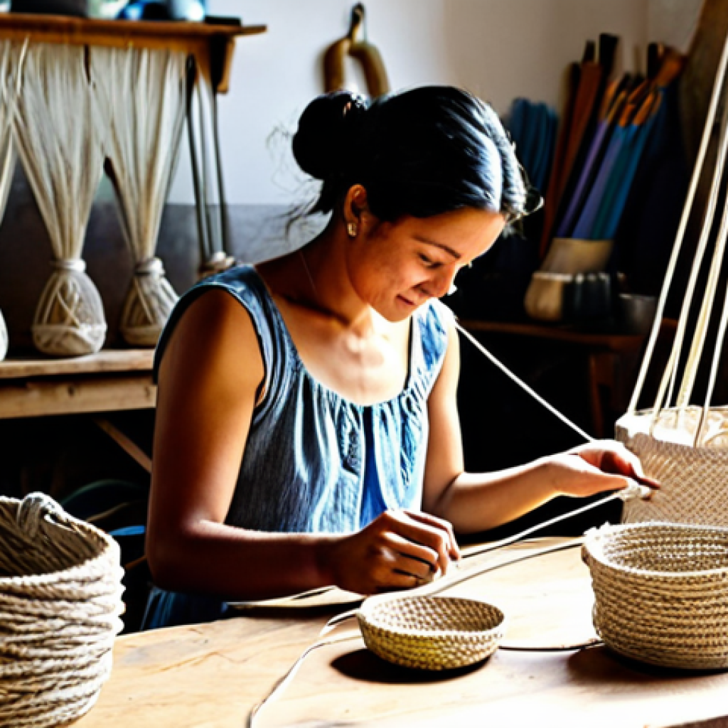 Artisan at Work**
"A skilled artisan, *fully clothed*, crafting intricate macramé in a sunny workshop filled with natural light. Baskets of colorful cords surround them. *Appropriate attire*. *Safe for work*. *Perfect anatomy*, *correct proportions*, *natural pose*. High-quality photography, *professional* setting, showcasing the dedication and artistry. *Family-friendly*."
**