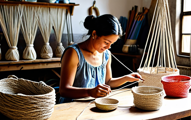 Artisan at Work**
"A skilled artisan, *fully clothed*, crafting intricate macramé in a sunny workshop filled with natural light. Baskets of colorful cords surround them. *Appropriate attire*. *Safe for work*. *Perfect anatomy*, *correct proportions*, *natural pose*. High-quality photography, *professional* setting, showcasing the dedication and artistry. *Family-friendly*."
**