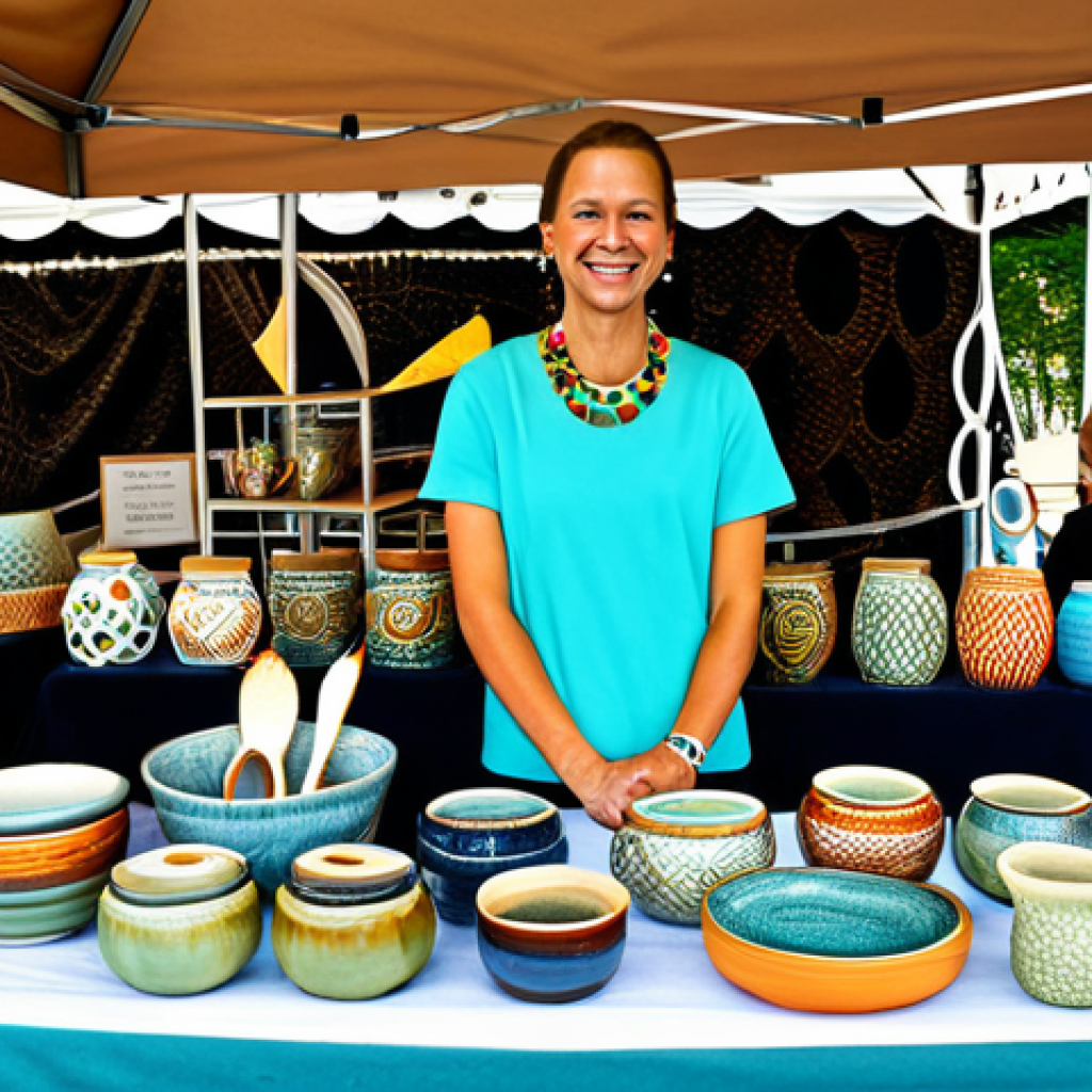 Craft Fair Booth Setup**
"A vibrant and welcoming craft fair booth, fully clothed vendor smiling at the camera, displaying handmade ceramics and jewelry, modest clothing, appropriate attire, safe for work, perfect anatomy, natural proportions, well-lit, high-quality photography, professional setting."
**
