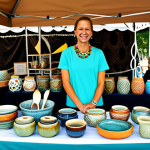 Home 20 Craft Fair Booth Setup**
"A vibrant and welcoming craft fair booth, fully clothed vendor smiling at the camera, displaying handmade ceramics and jewelry, modest clothing, appropriate attire, safe for work, perfect anatomy, natural proportions, well-lit, high-quality photography, professional setting."
**