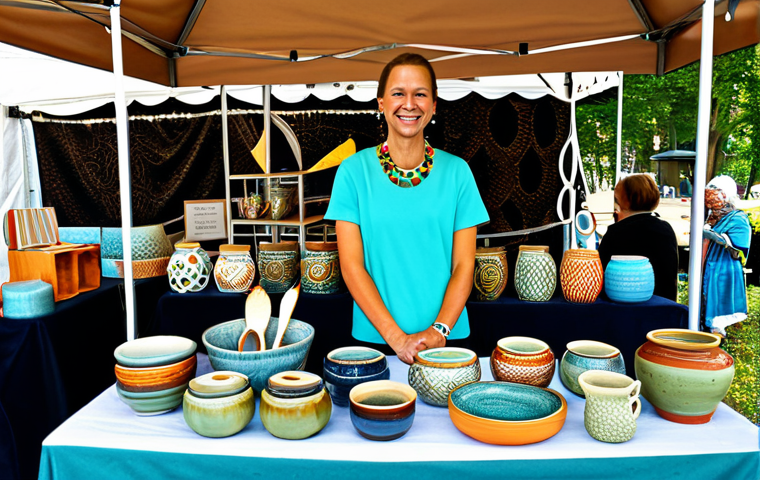 Craft Fair Booth Setup**
"A vibrant and welcoming craft fair booth, fully clothed vendor smiling at the camera, displaying handmade ceramics and jewelry, modest clothing, appropriate attire, safe for work, perfect anatomy, natural proportions, well-lit, high-quality photography, professional setting."
**